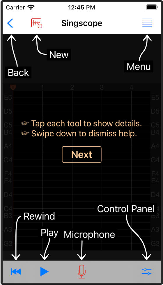 Singscope app help screen