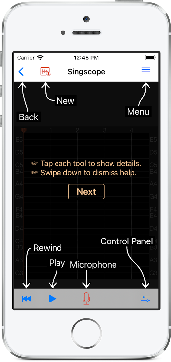 Singscope app help screen