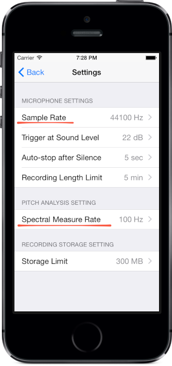 Singscope app settings screen